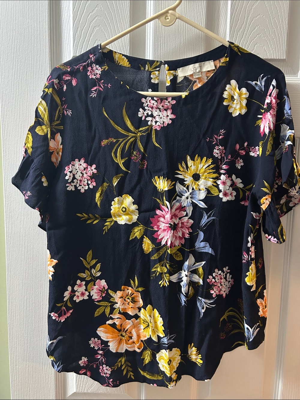 Loft Floral Short-Sleeve Blouse - Navy with Yellow & Pink Flowers, large